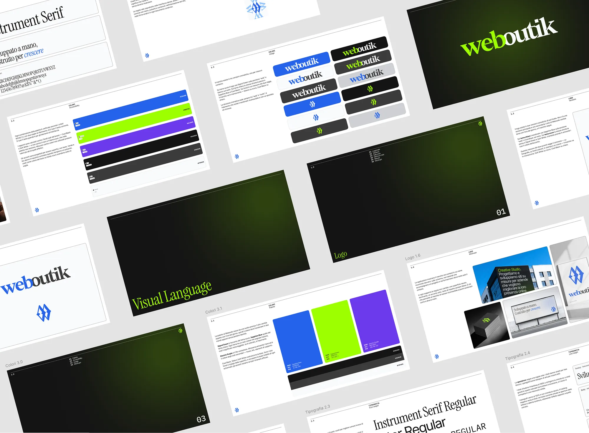 Pagine del brand book Weboutik disposte a griglia: palette colori (blu, verde, viola), specimen tipografici in Instrument Serif, linee guida del logo e mockup applicati a insegna e biglietti da visita.